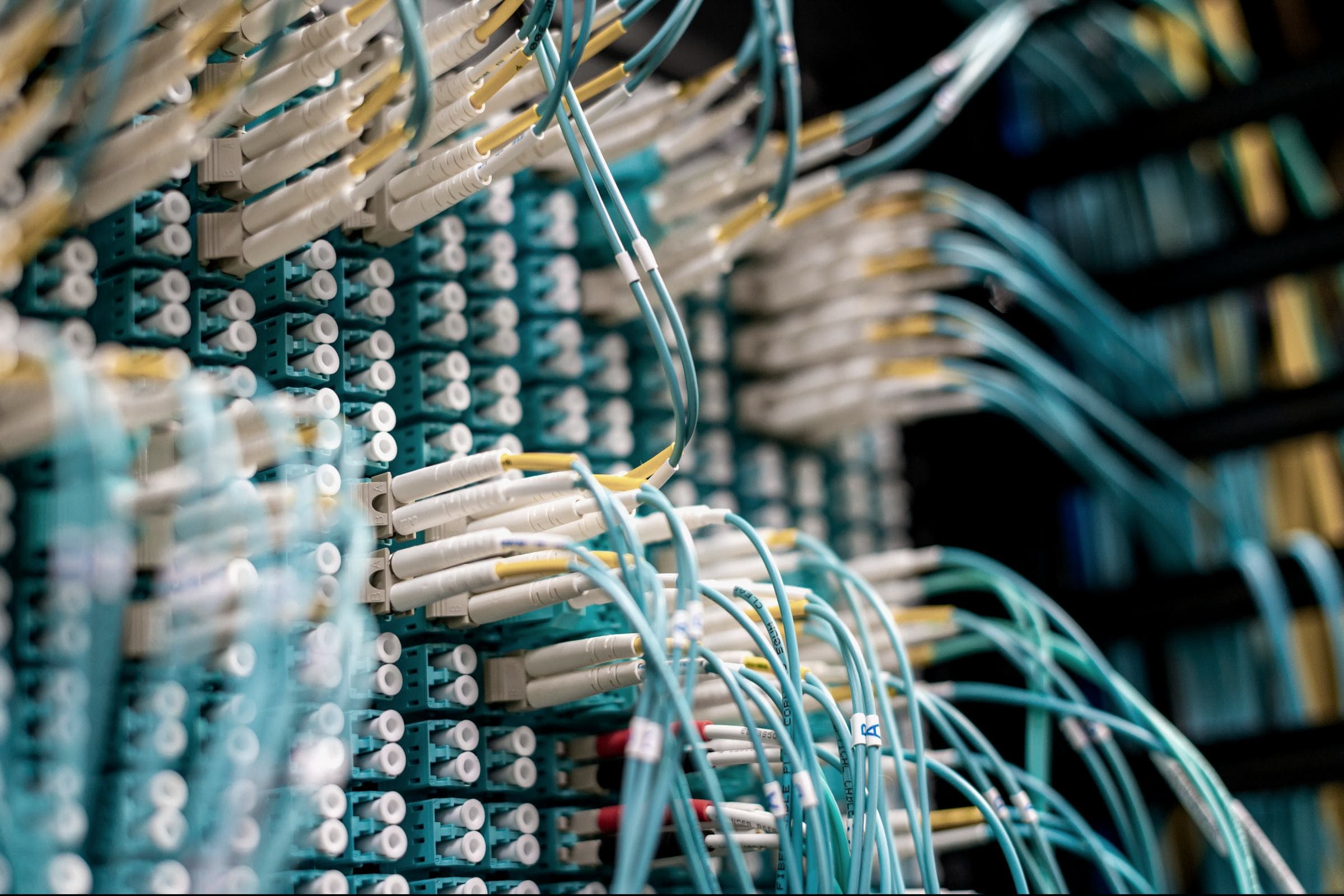 Fibre-optic patch-panel and structured cabling detail in a network room.