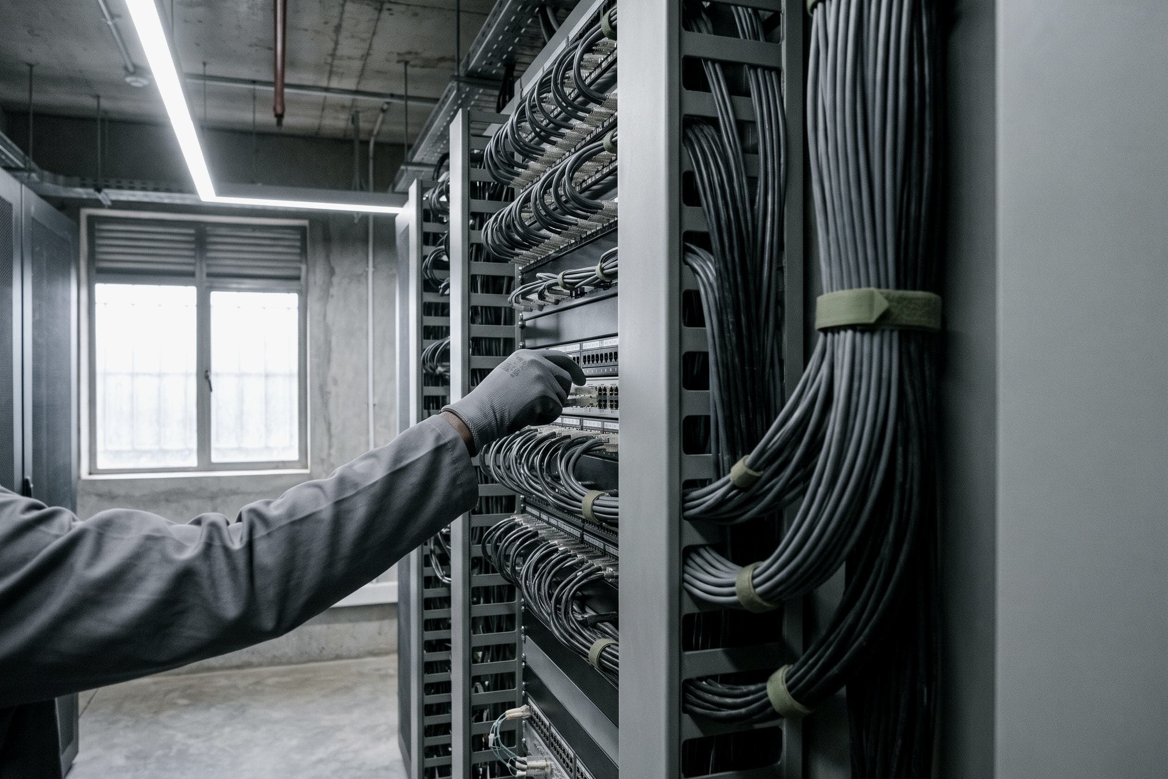 An engineer at a network rack in a concrete-and-glass technical room — conceptual brand imagery, not a documented Nextec facility.
