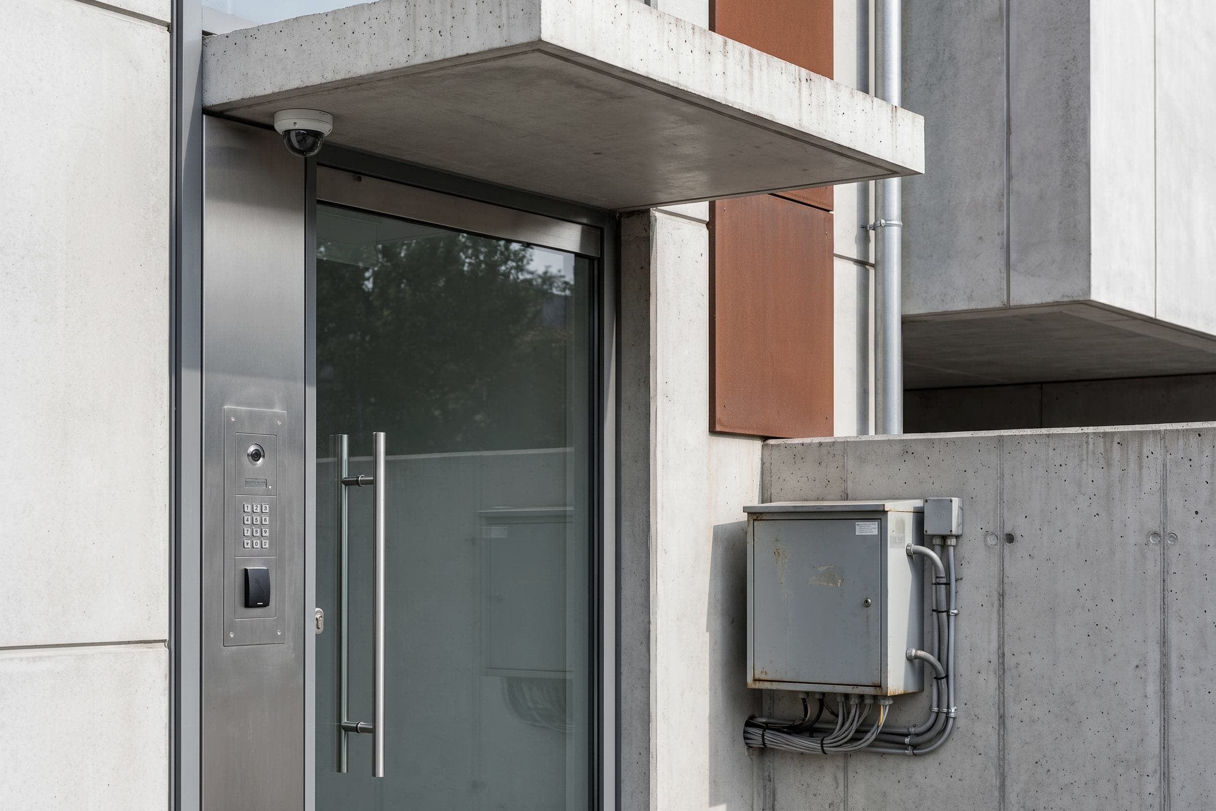 An access-control keypad, card reader and camera integrated into a building entrance, alongside an outdoor network cabinet — conceptual brand imagery, not a documented Nextec installation.