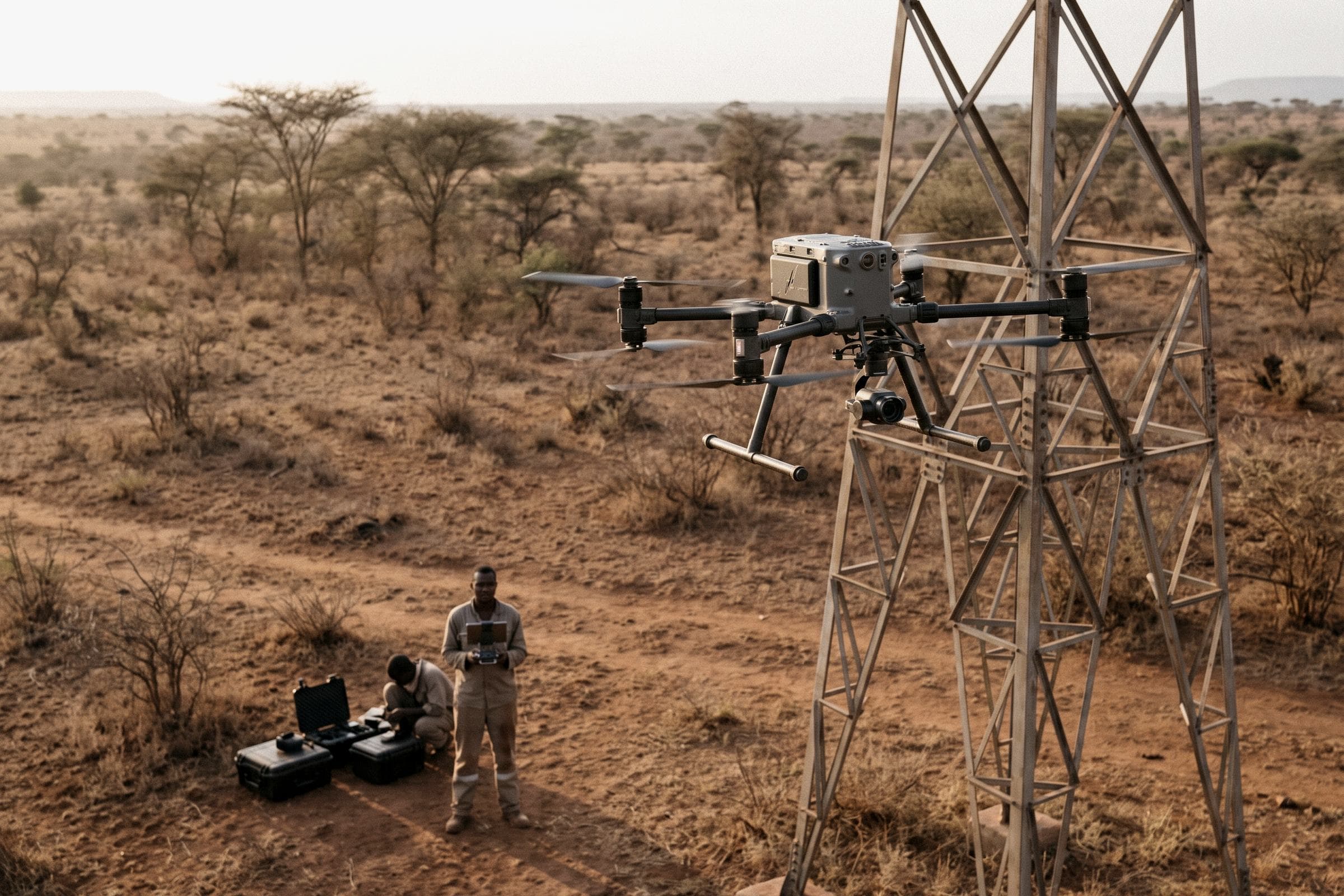 A quadcopter inspecting a transmission tower while two operators work from the ground — conceptual brand imagery, not a documented Nextec deployment.
